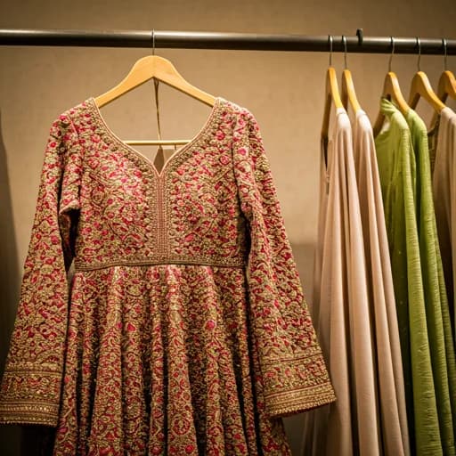 Ethnic Indian apparel on a designer rack in a sunlit boutique