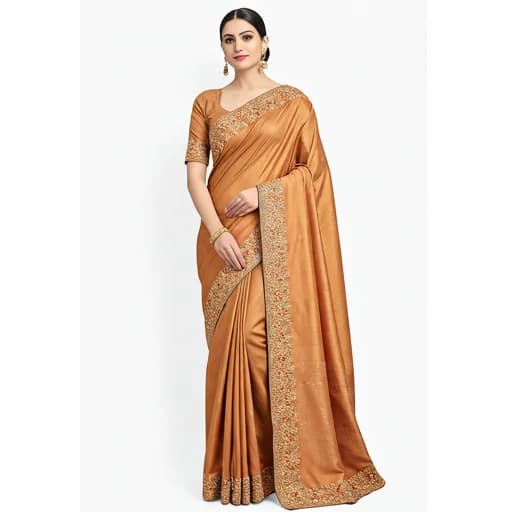 Woman wearing a copper silk saree