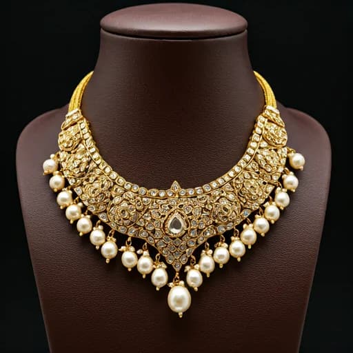 Traditional Indian necklace displayed on a velvet bust