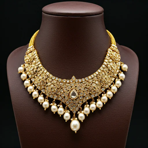 Traditional Indian necklace displayed on a velvet bust